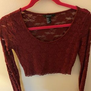 Forever 21 Burgundy Long Sleeve Lace Back Crop Top
